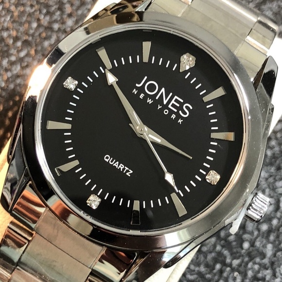BNIB JONES NEW YORK WOMENS ANNA ALL STAINLESS STEEL BLACK FACE/CRYSTAL WATCH - Picture 1 of 11